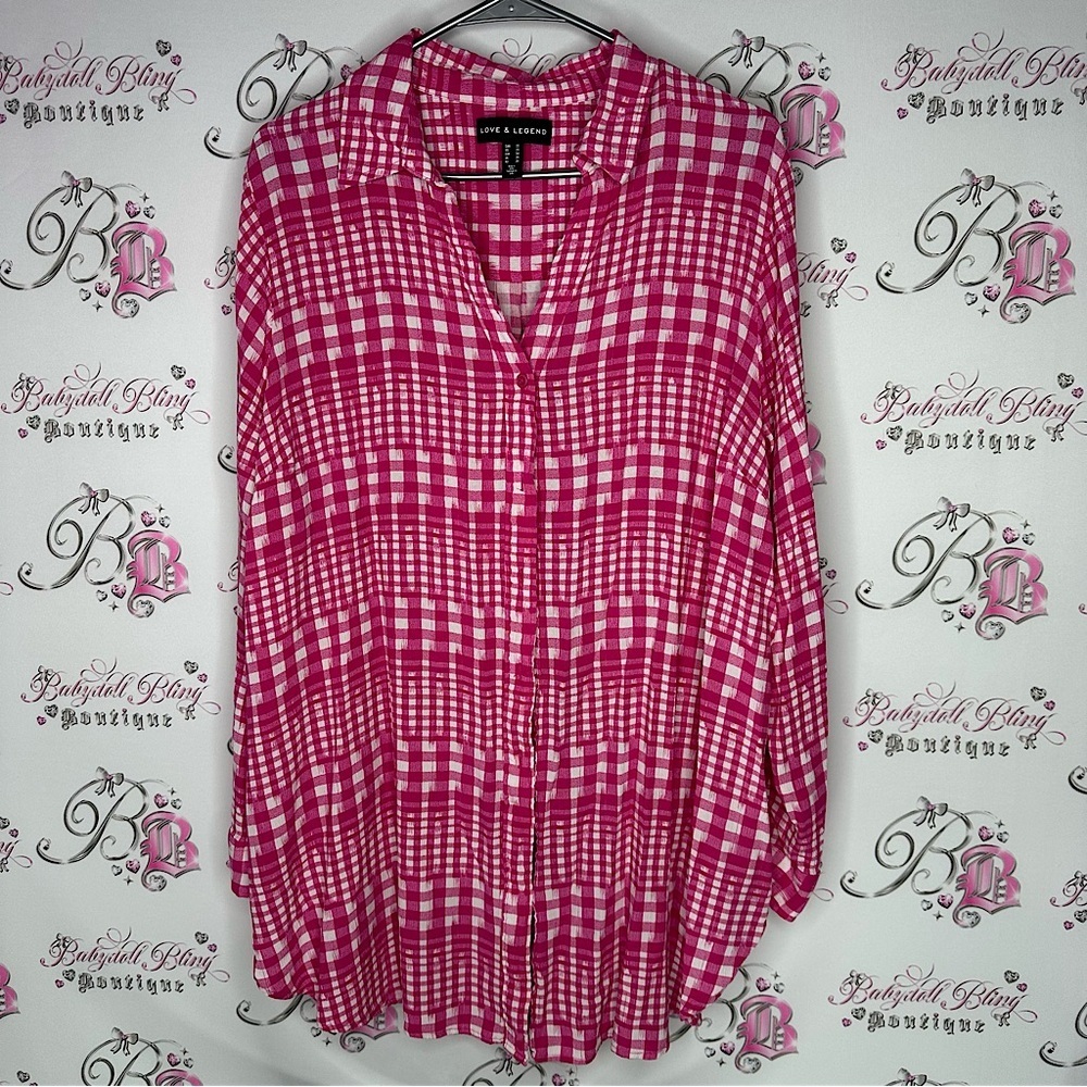 Love & legend button up long sleeve blouse picnic 🧺 pattern pink white cottage
